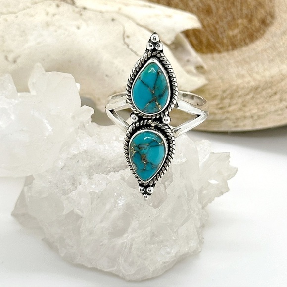 STERLING Silver Double Stack Copper Turquoise Ring - Picture 1 of 4